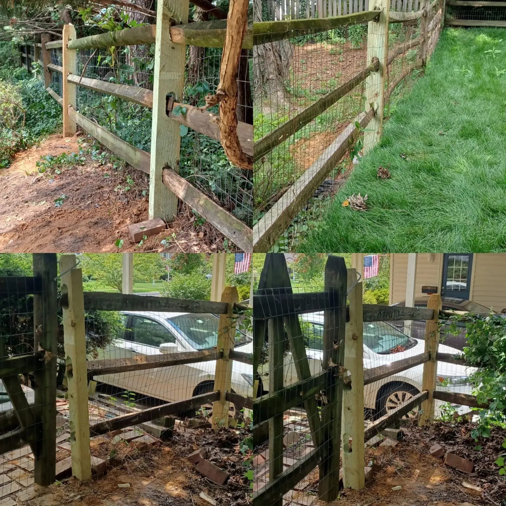 Split view of a damaged wooden fence and a tree branch through it beside a wet grassy yard and parked cars