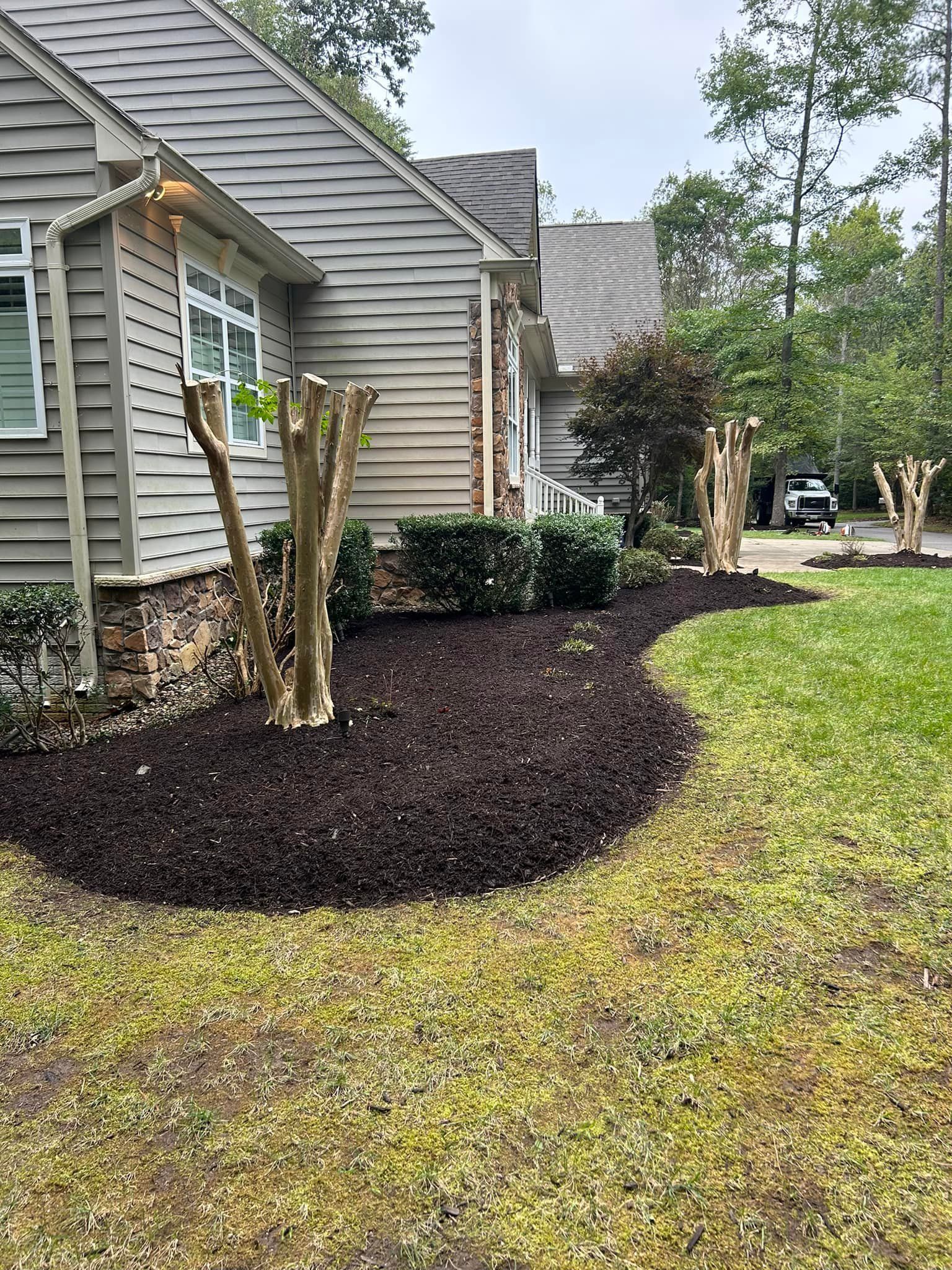 A house with a lot of mulch in front of it.