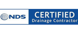 The nds certified drainage contractor logo is blue and white.
