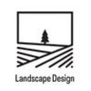 A black and white logo for landscape design with a tree in the background.