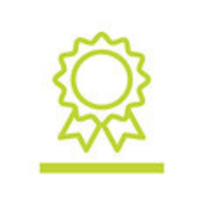 A green line drawing of a medal with a ribbon on a white background.