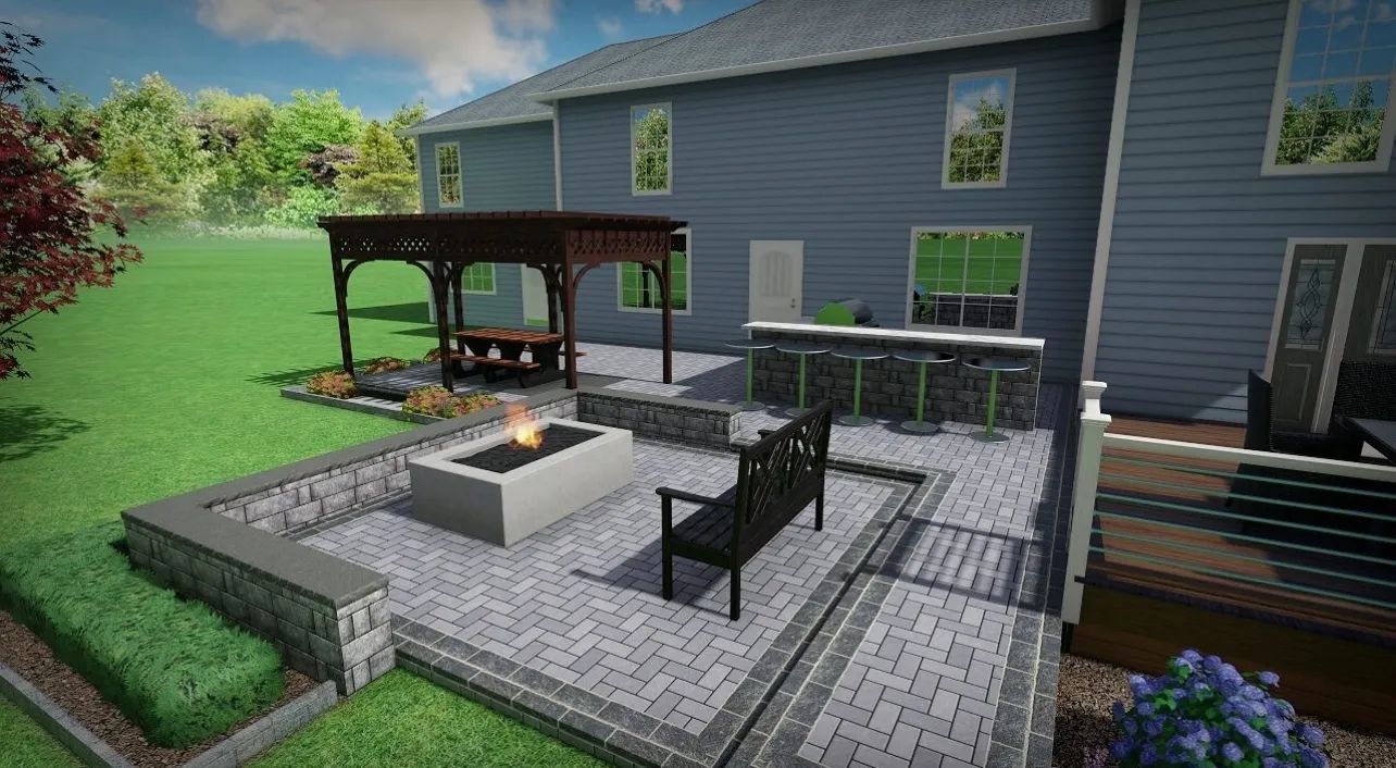 A computer generated image of a patio with a fire pit and a bench.