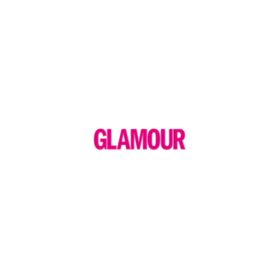 A pink logo for glamour magazine on a white background.