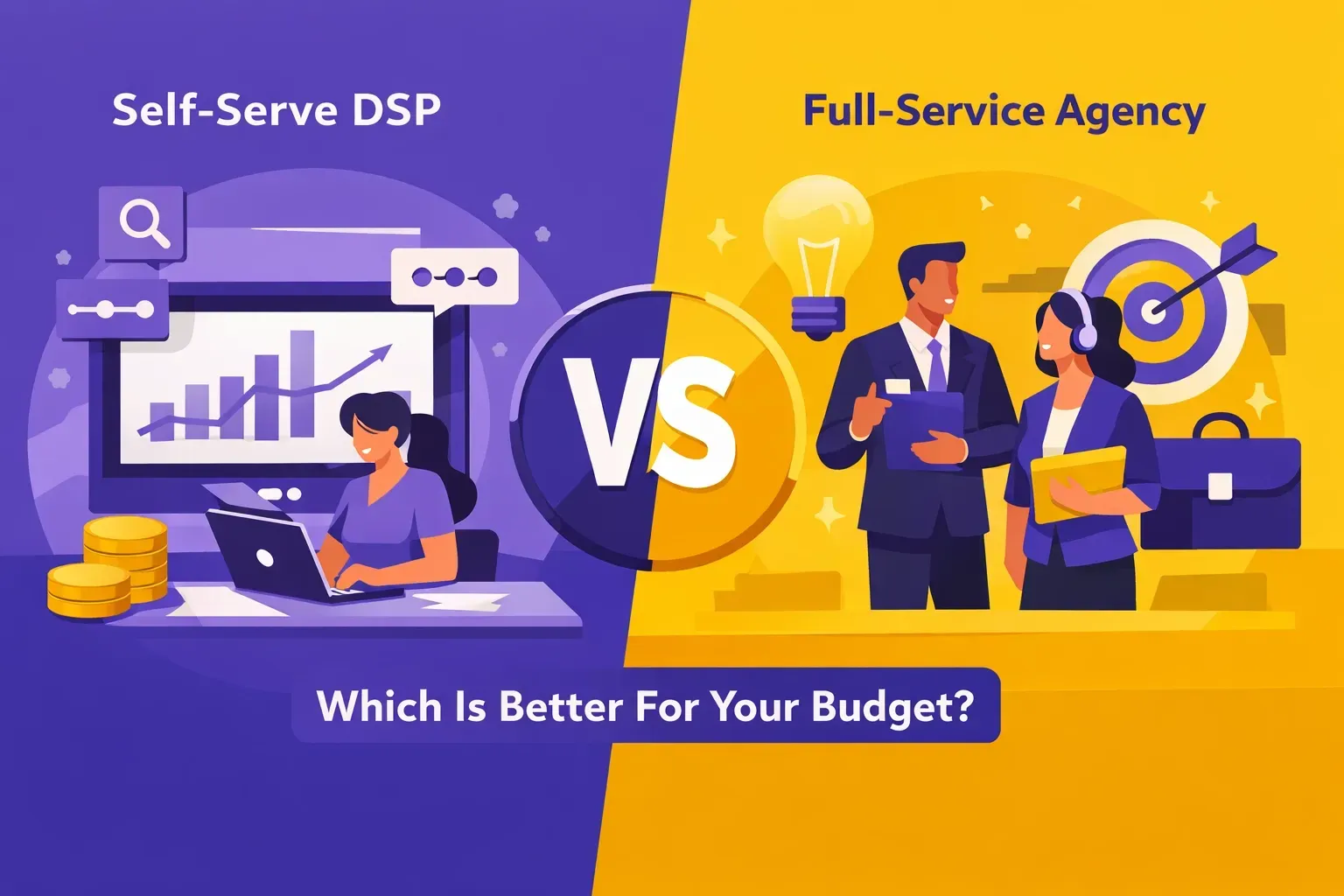 Comparison graphic: Self-Serve DSP vs. Full-Service Agency. Left: person at computer. Right: business people, bullseye. 