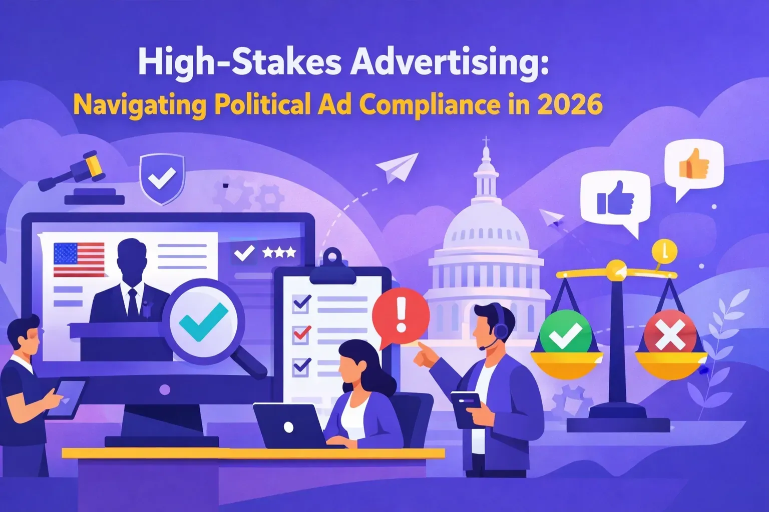 An illustration of people managing political advertising compliance with digital checklists, scales, and a capitol dome.