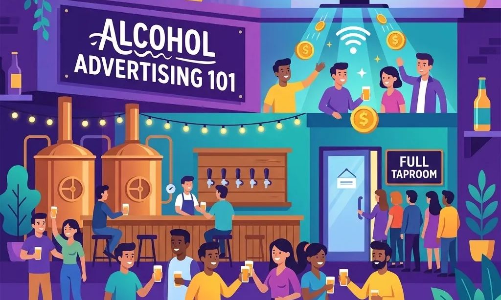 A flat illustration of a brewery interior with customers socializing, drinking, and a prominent 