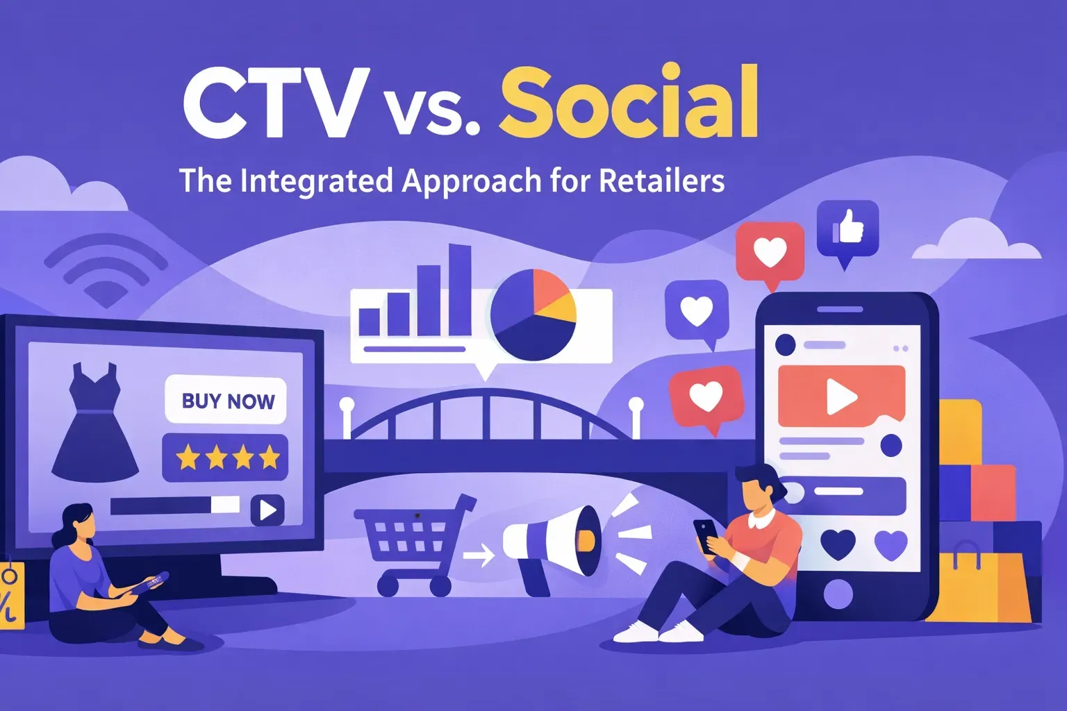 CTV vs. Social: Illustration of retailers integrating TV and social media marketing. People using a TV, smartphone, and shopping cart.