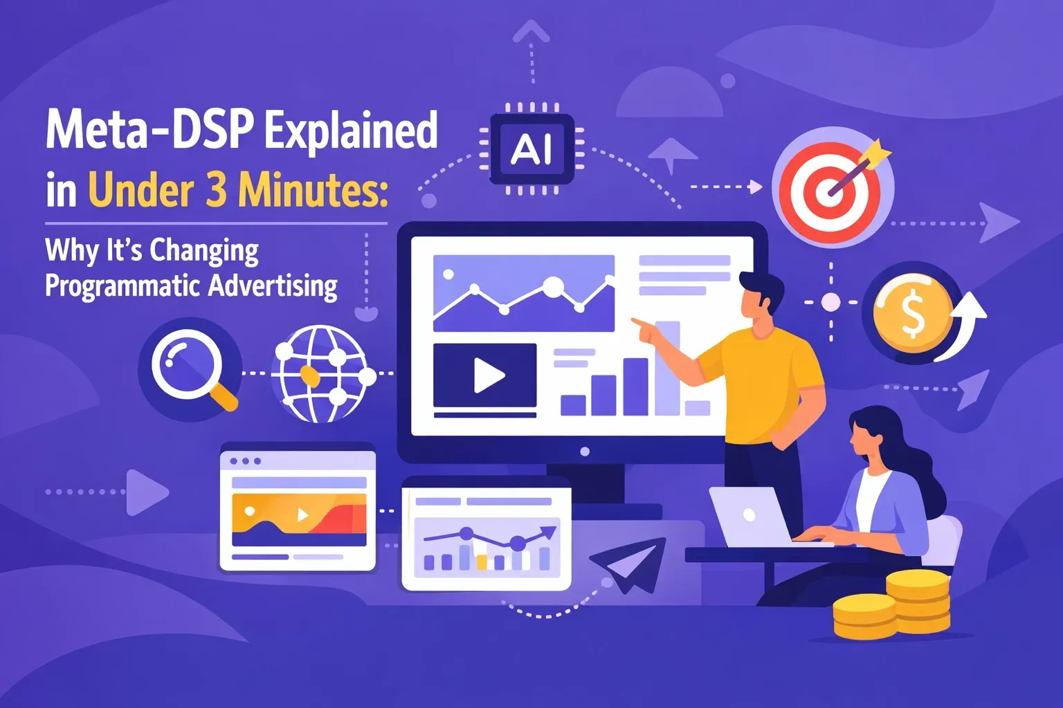 Illustration explaining Meta-DSP: two people analyzing data on a computer with AI and money symbols, targeting a goal.