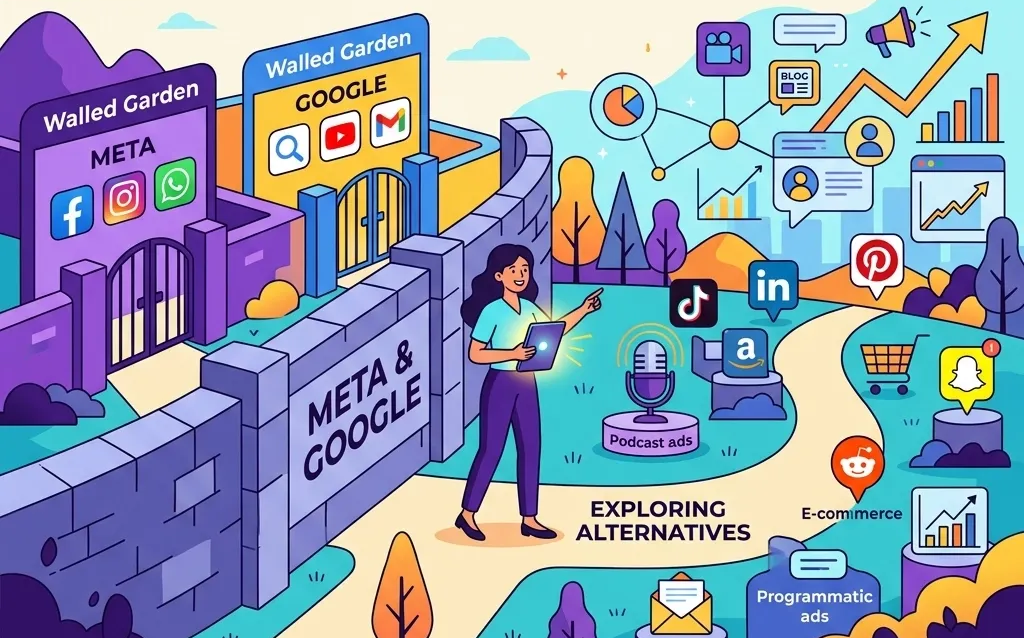 A person walks away from walled gardens labeled 