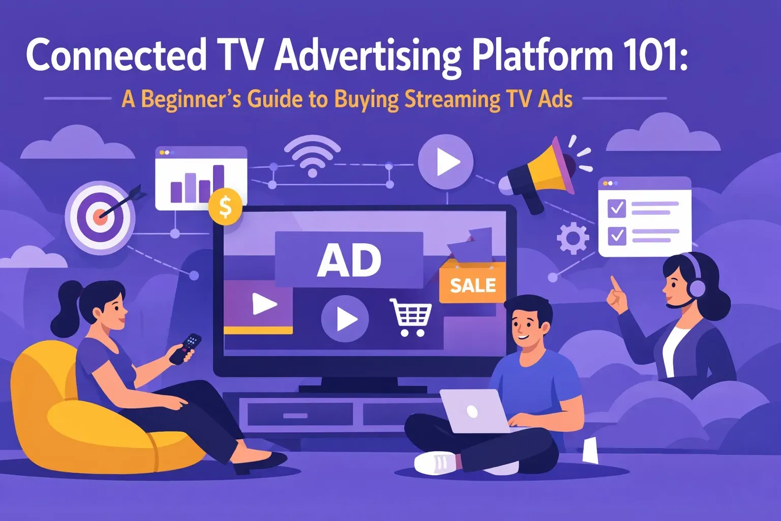 Illustration about connected TV advertising. People interact with a TV, a laptop, and data visuals. Purple and yellow color scheme.