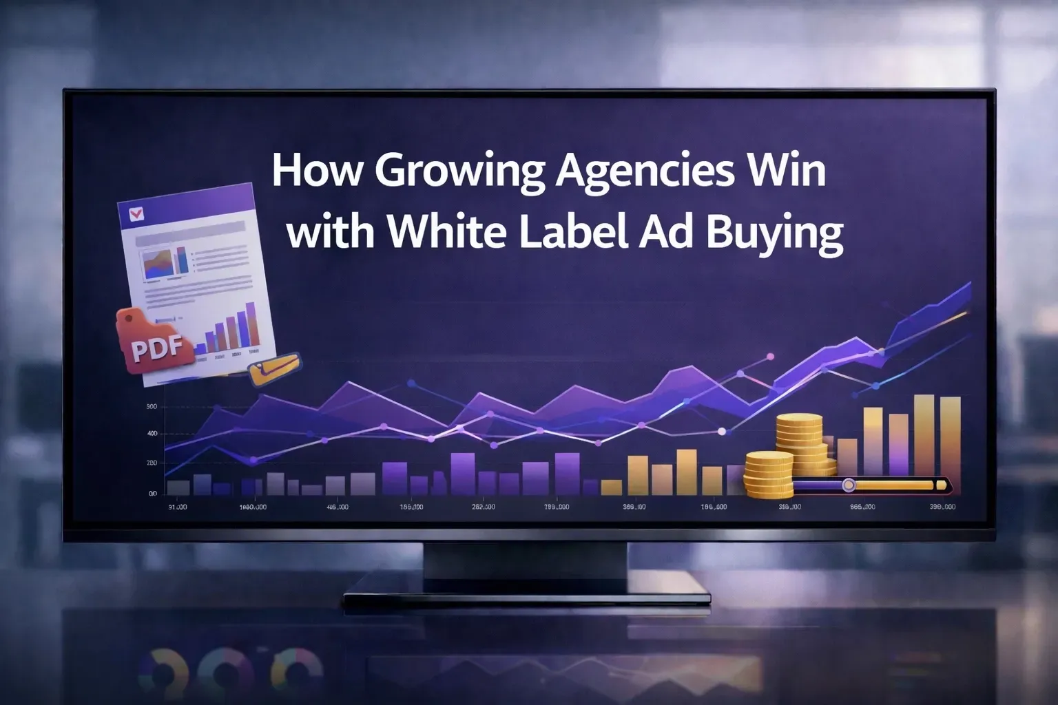 A screen showing a purple growth graph, a report, and a stack of gold coins, titled: How Growing Agencies Win.