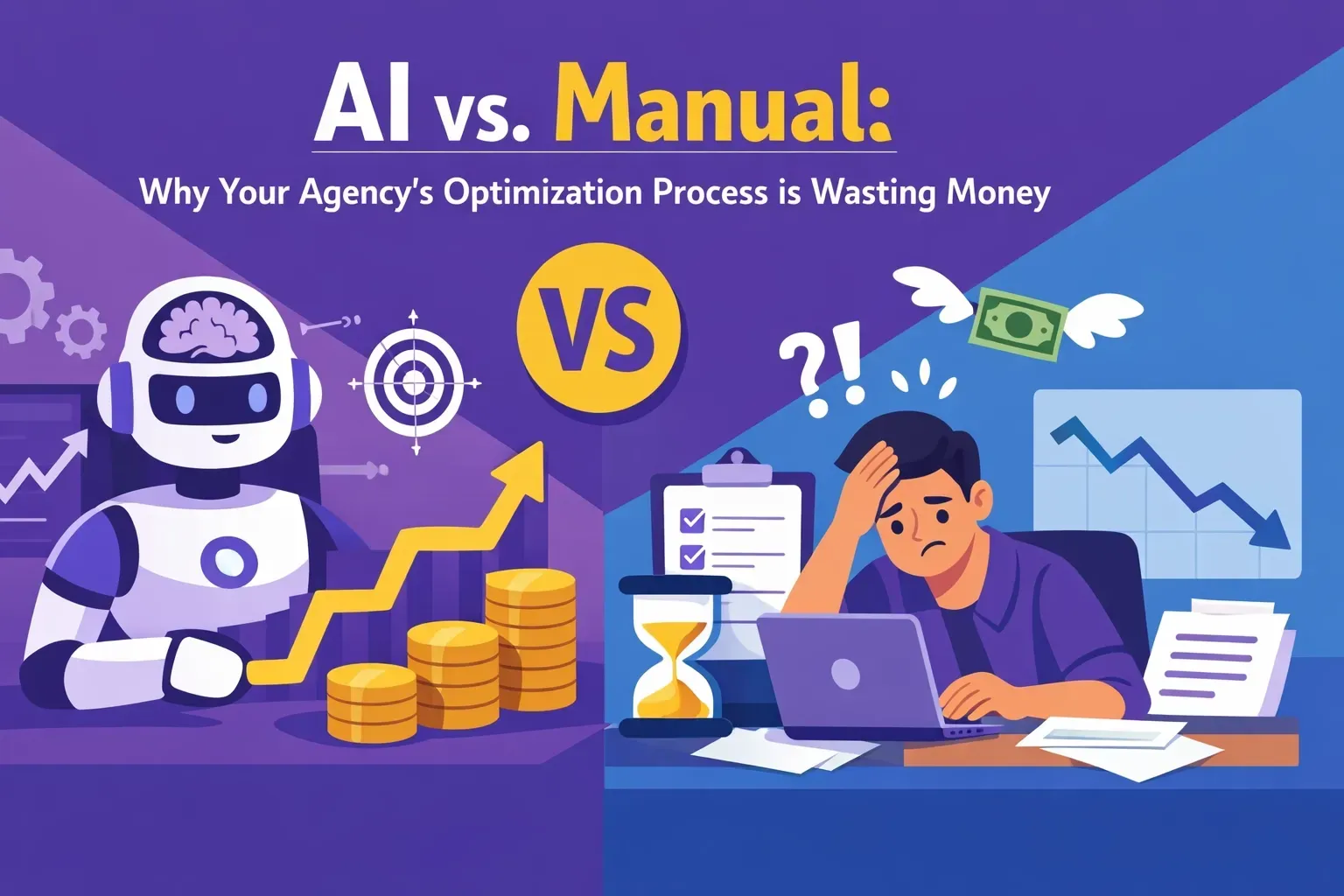 An illustration contrasting AI, showing growth and profit, with manual work, showing stress, lost money, and inefficiency.