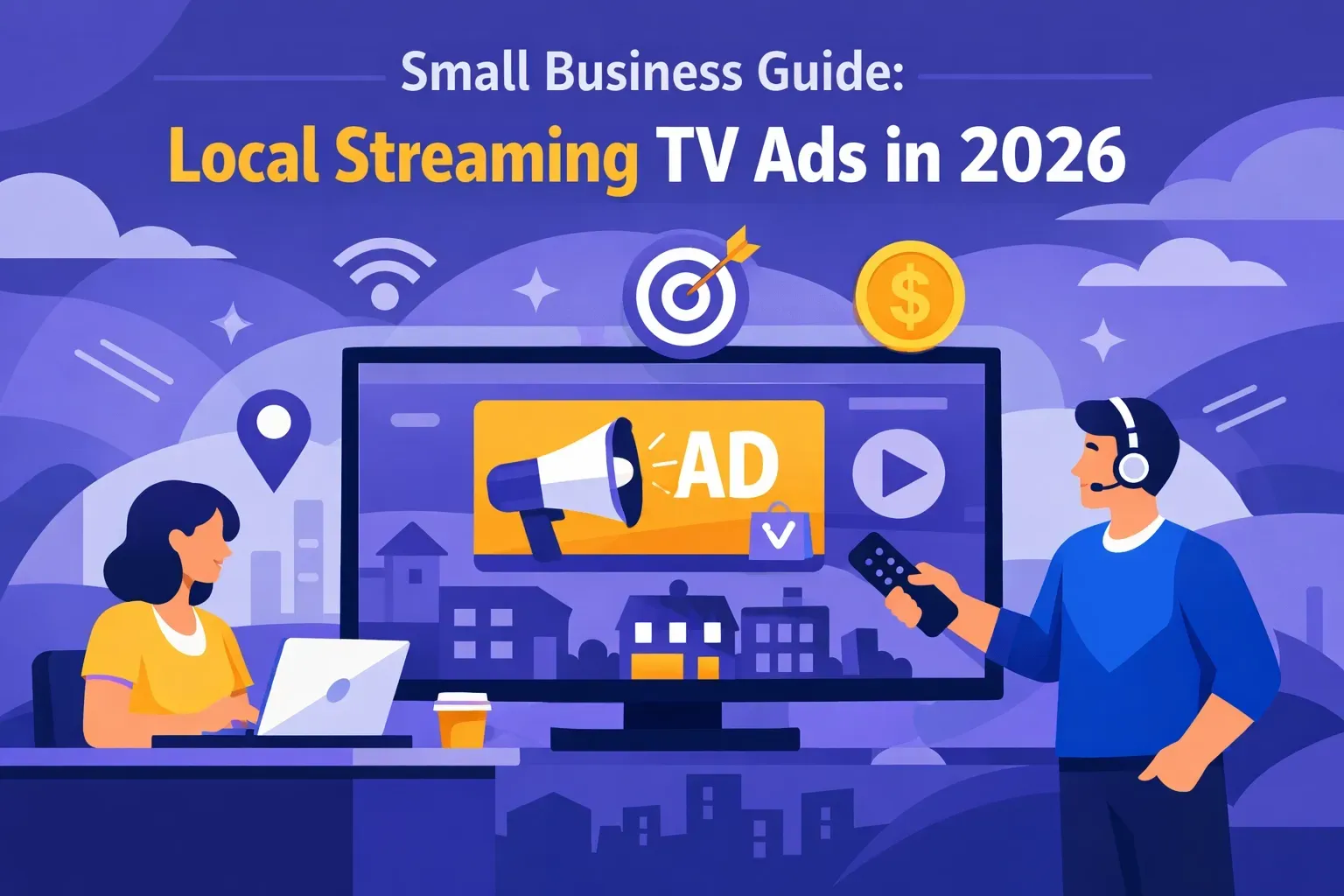 Infographic: Local Streaming TV Ads in 2026. A woman and man view a streaming TV. Ad with a megaphone.