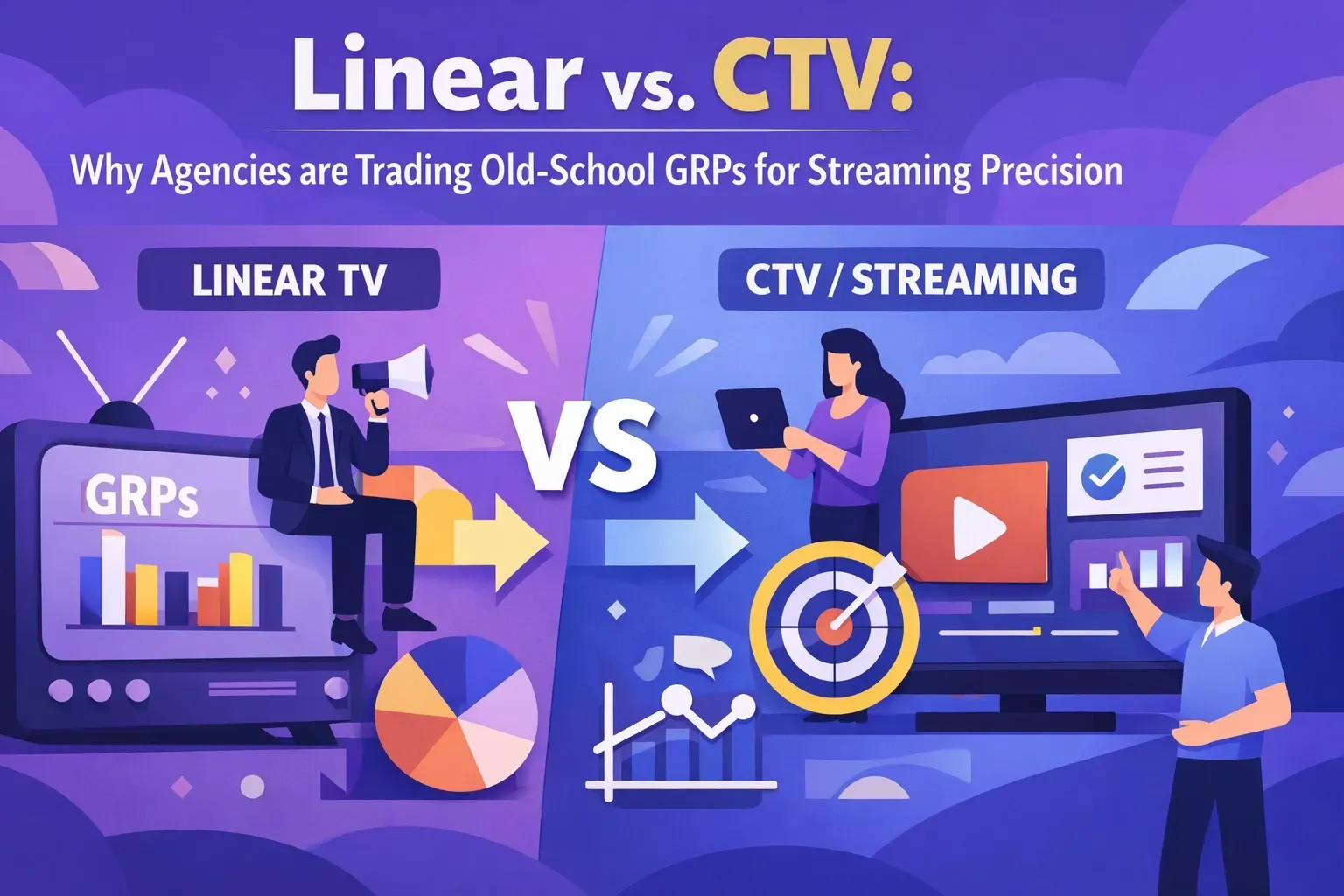 An infographic comparing Linear TV to CTV/Streaming, showing a shift from traditional GRP metrics to precise data targeting.