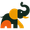 A black , yellow and orange elephant with a white spot on its nose.