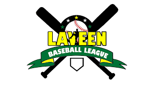 A logo for the laveen baseball league with crossed bats and a baseball.