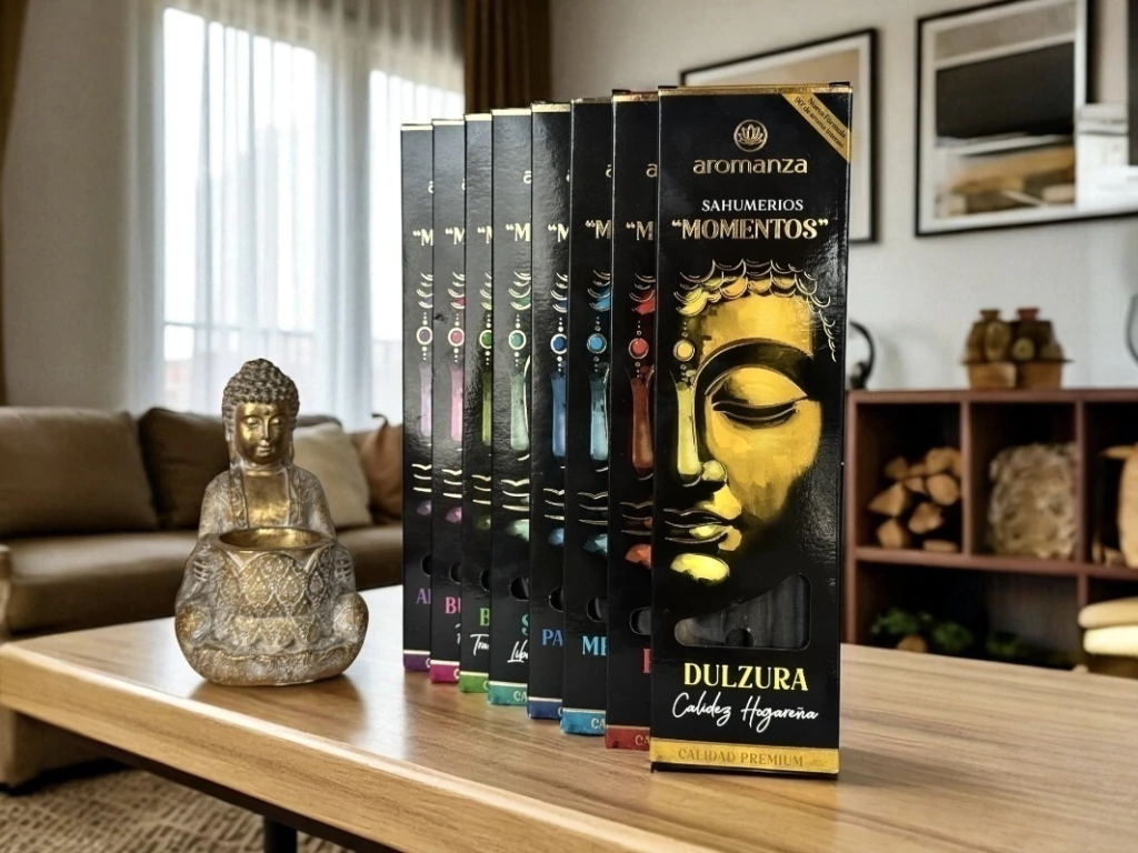 Varitas de incienso con estatua de Buda sobre una mesa en una habitación.