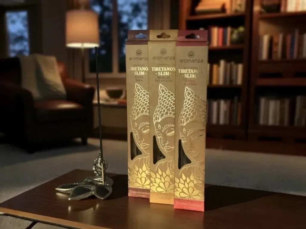 Varitas de incienso en cajas decorativas sobre una mesa en una habitación con una lámpara y estanterías.