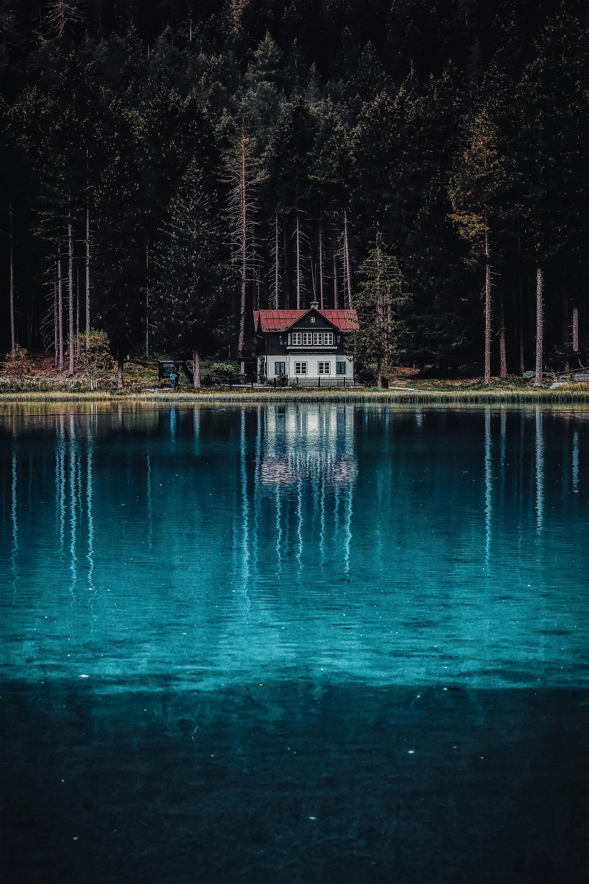 A house sits on the shore of a lake surrounded by trees