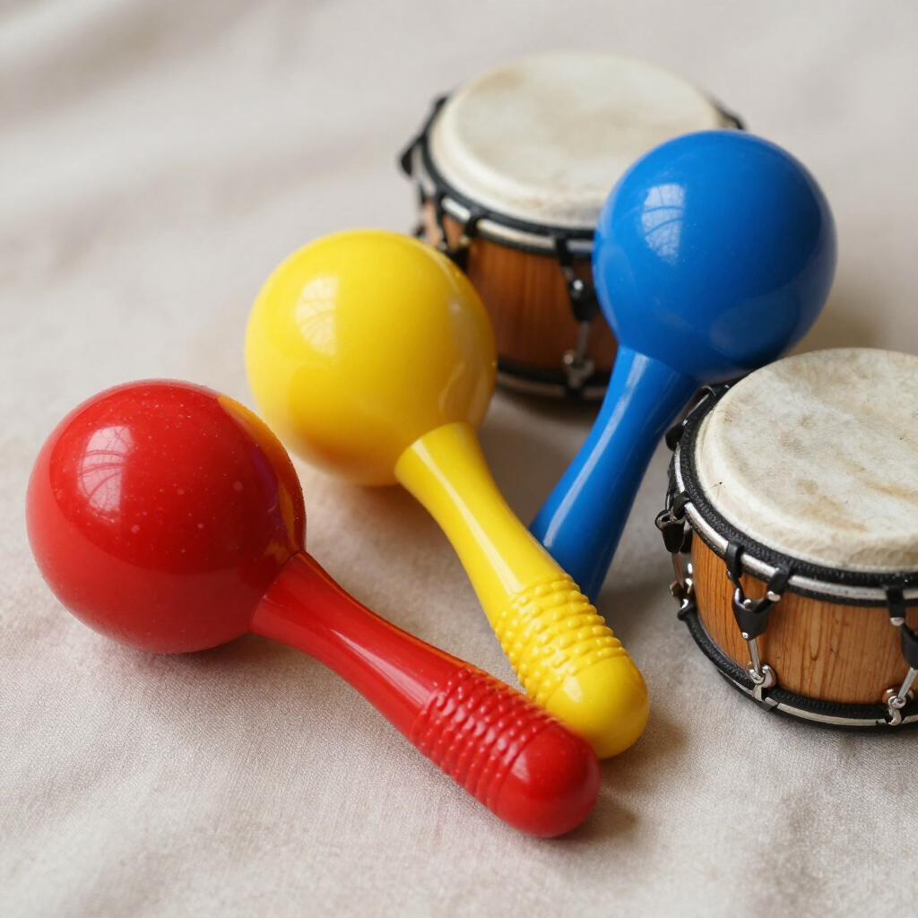 Three colorful maracas in red, yellow, and blue arranged near two small wooden drums on a light fabric surface.