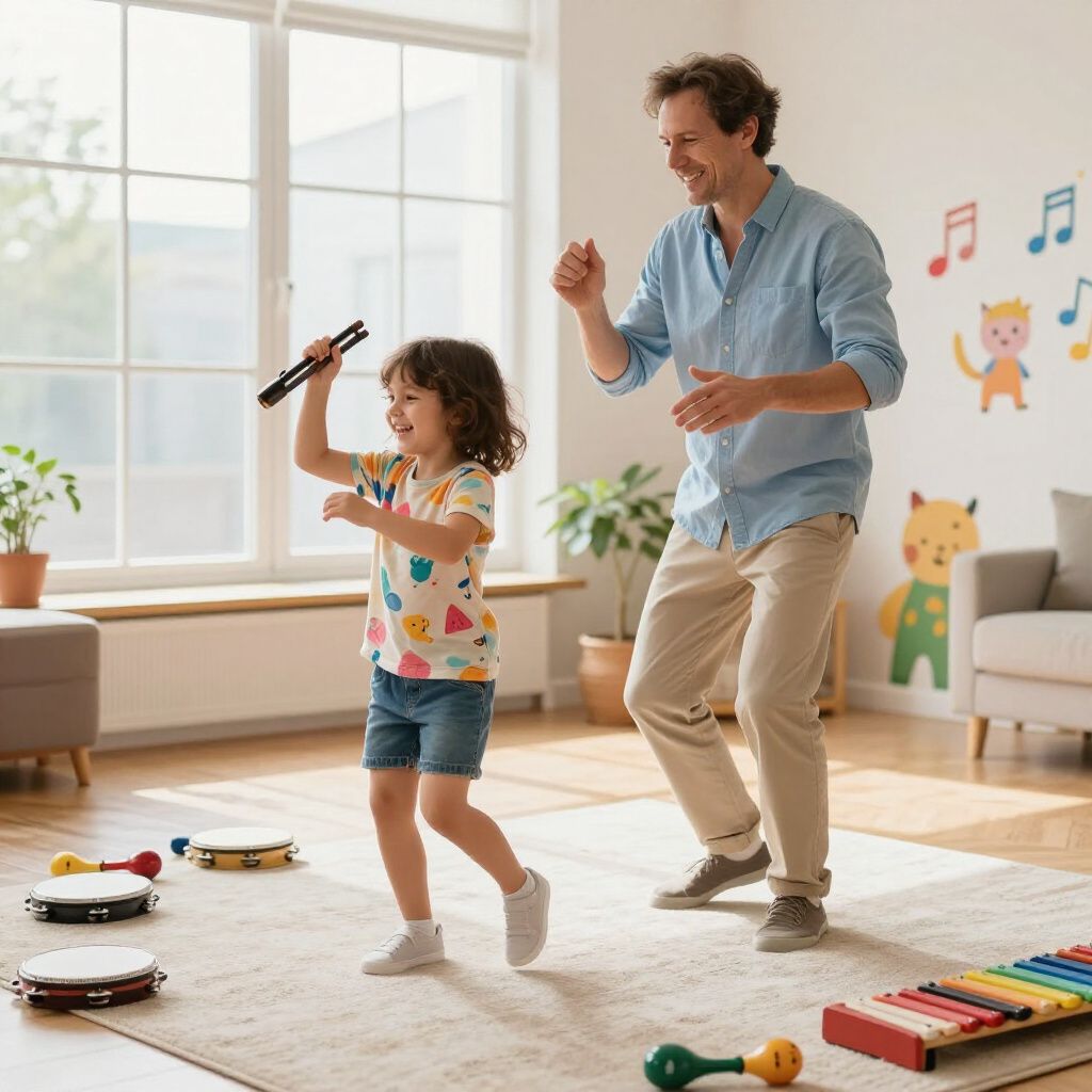 Man and child dancing in a room, child holding instrument, musical decorations on wall.