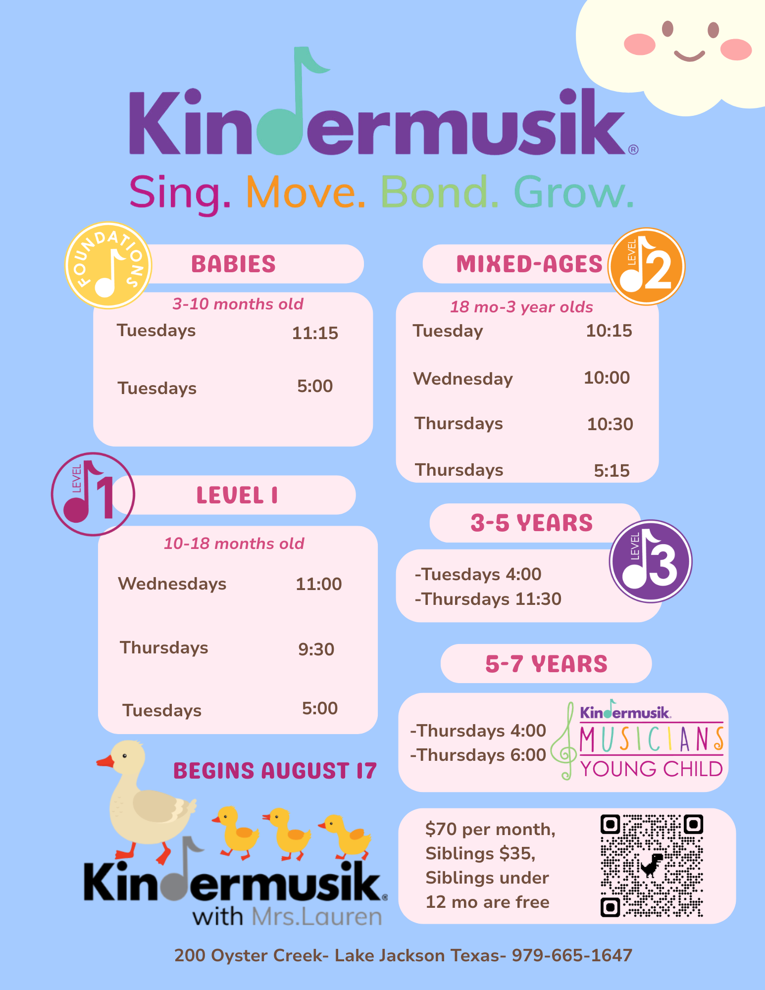 Singing summer with KinderMusik logo, sun and musical notes in orange, yellow, and purple