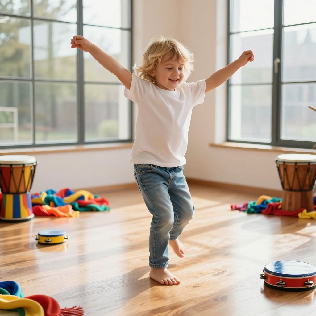 Boy with arms raised, dancing in a room with drums and windows, smiling.