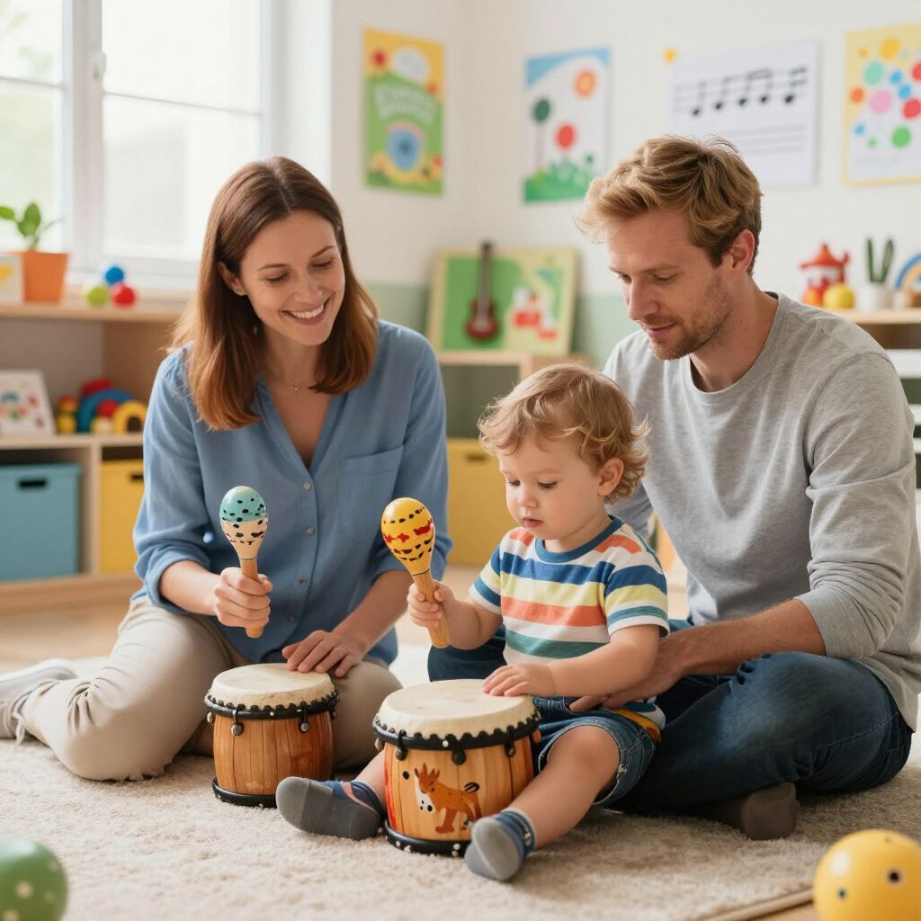 Family playing drums and maracas on a rug in a brightly lit room with colorful toys.