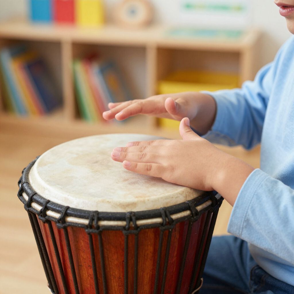 Child playing a wooden drum with hands; interior with bookshelf in background.