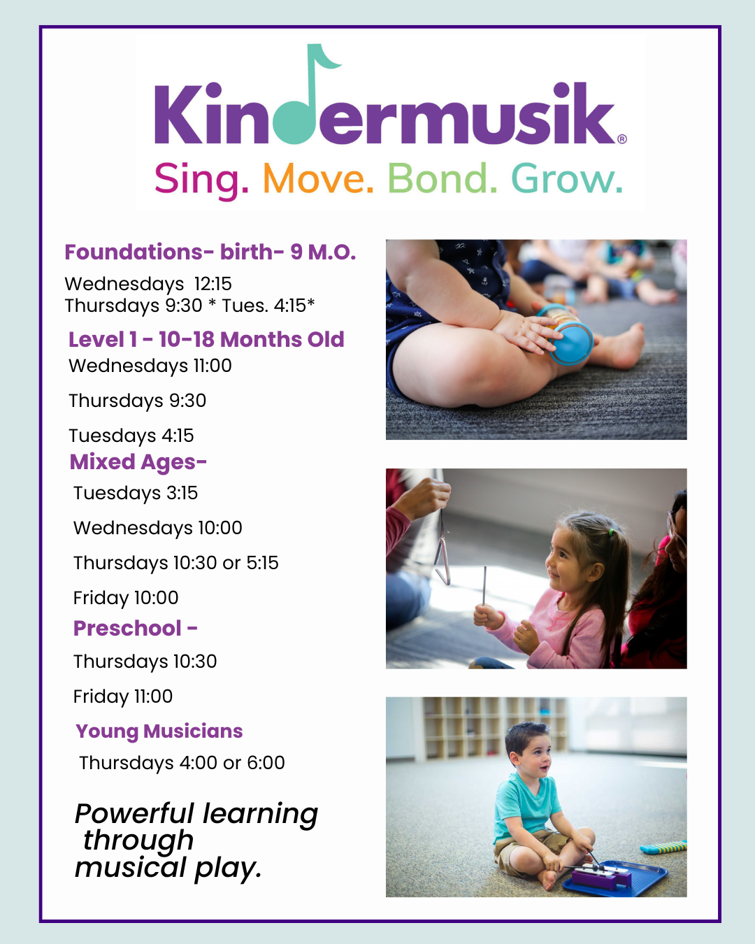 Colorful Kindermusik summer enrollment flyer with children under rainbow parachute and music-themed icons