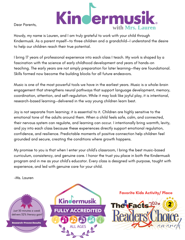 Letter from Kindermusik with logos and awards. Purple and green color scheme.