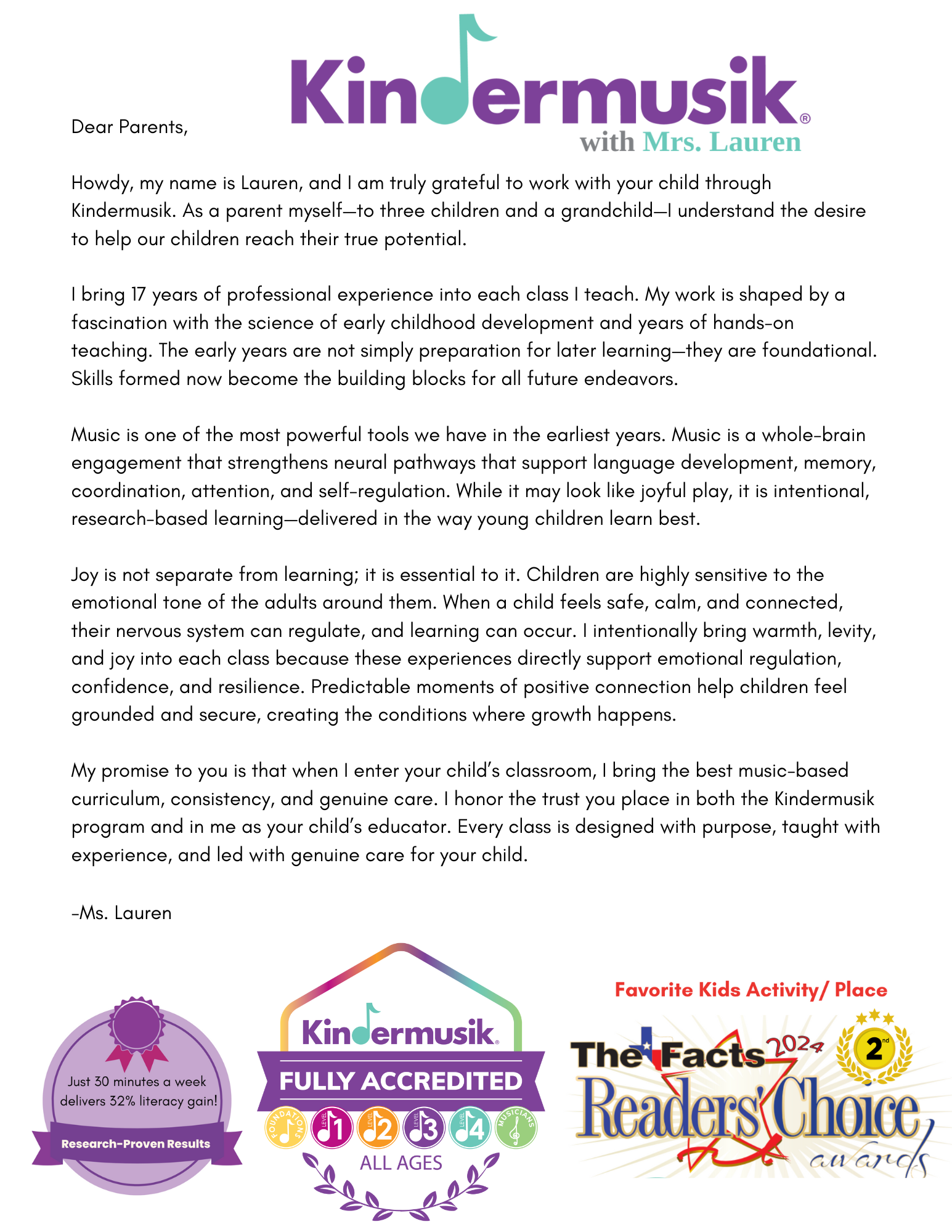 Letter from Kindermusik, includes logos for accreditation and awards.