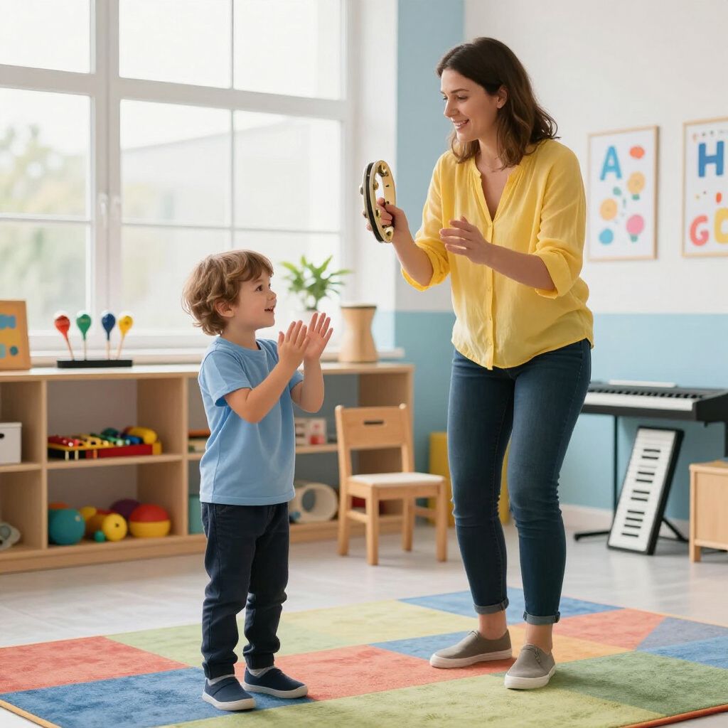 Woman plays tambourine with a child clapping in a colorful classroom.