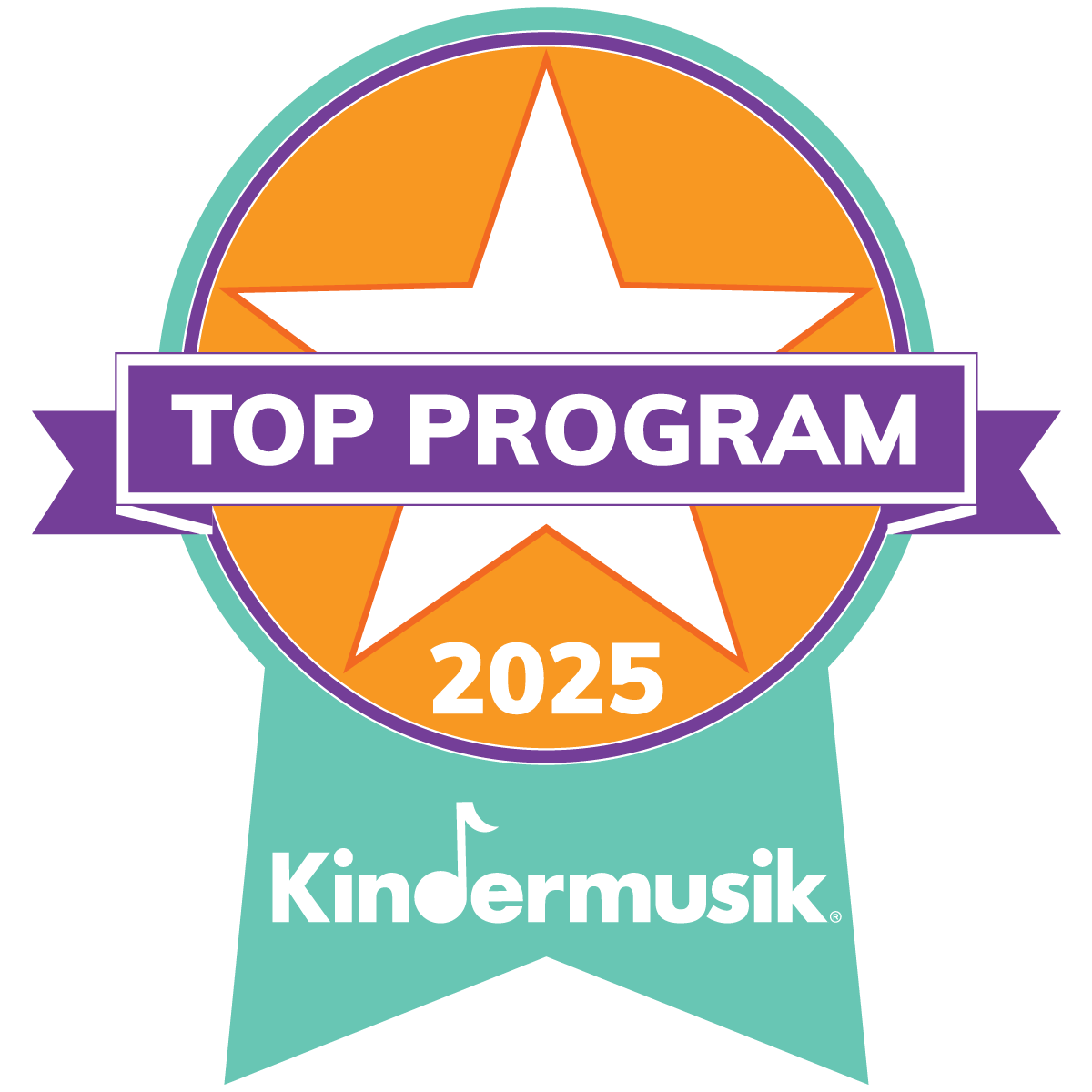 A badge with a white star inside an orange circle. Text reads 