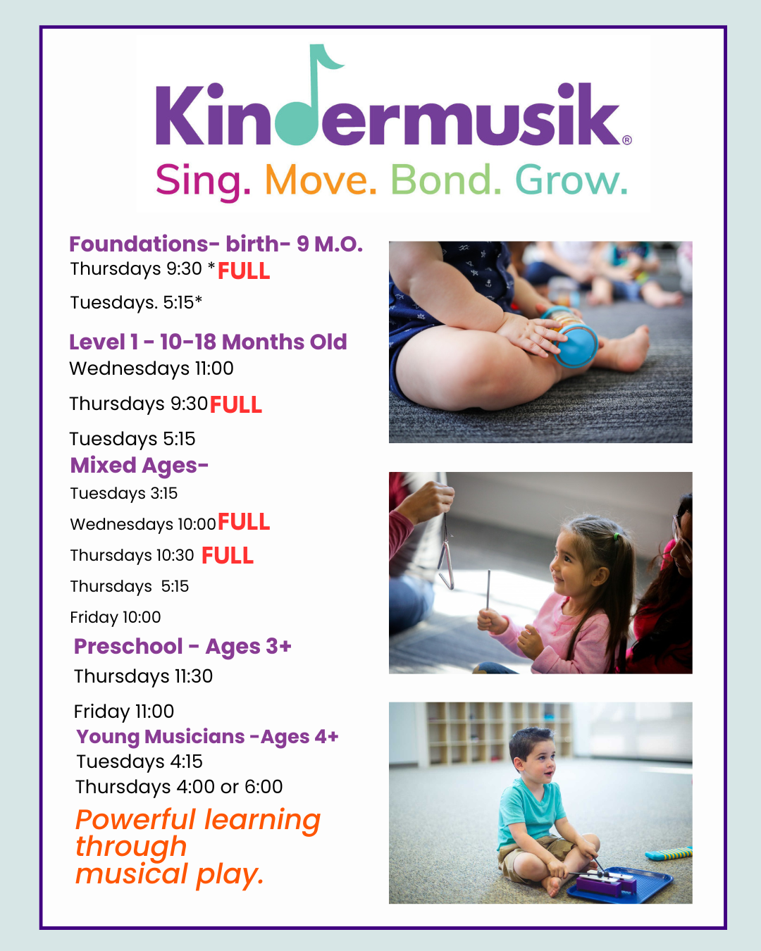 Kindermusik summer enrollment flyer with children dancing under a colorful parachute canopy