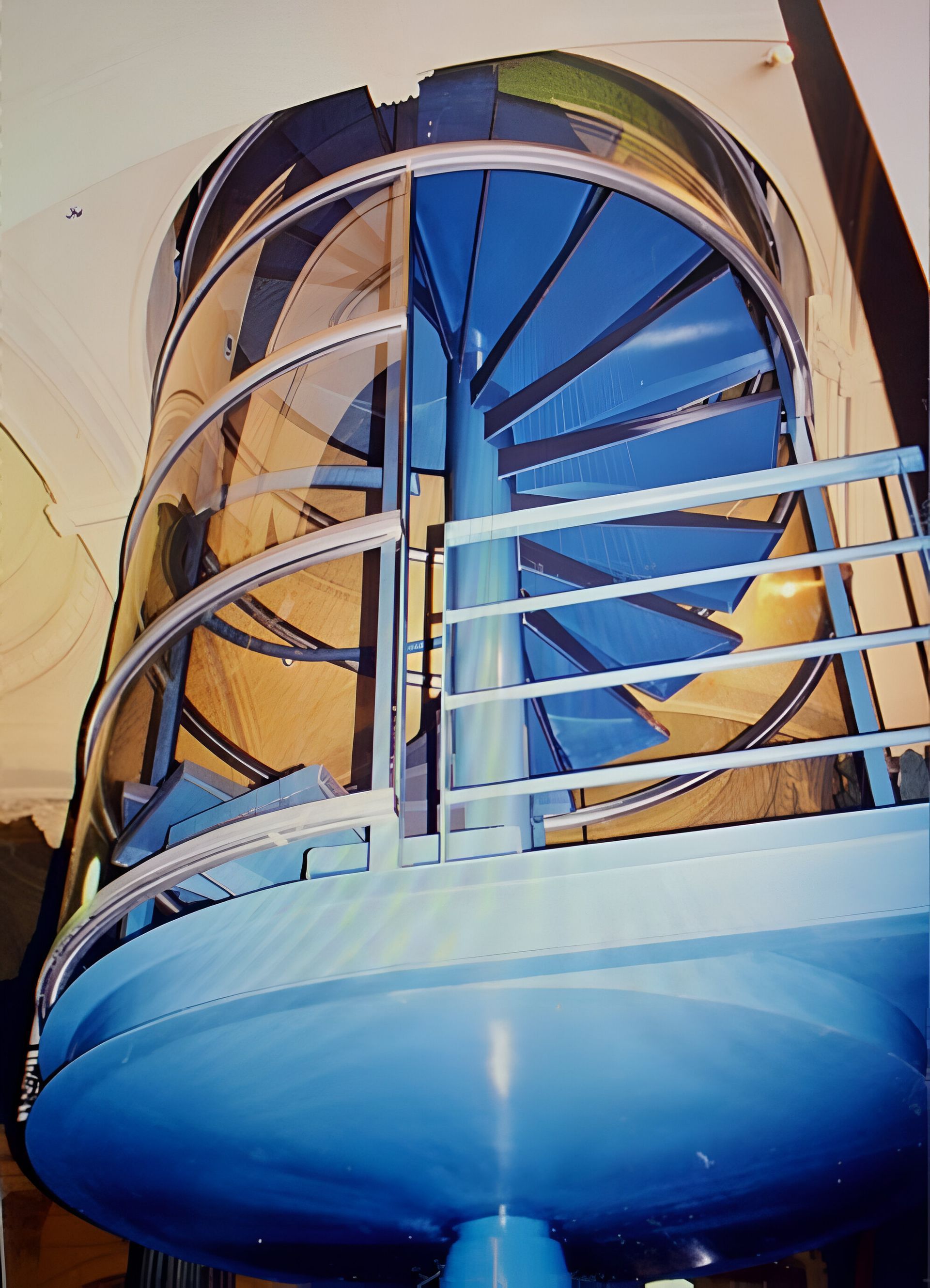 Una escalera de caracol azul con una barandilla transparente