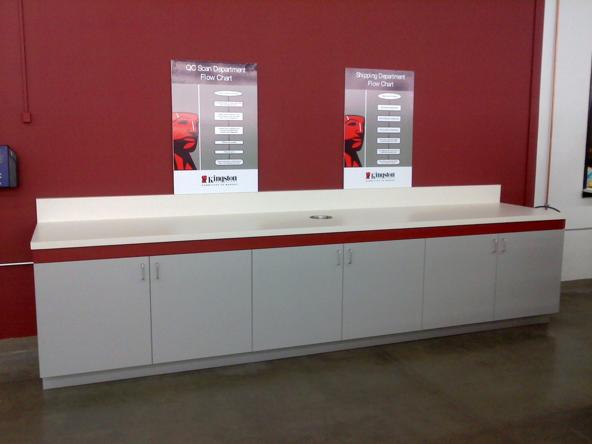 Long white counter with cabinets, red trim, and two signs against a red wall.