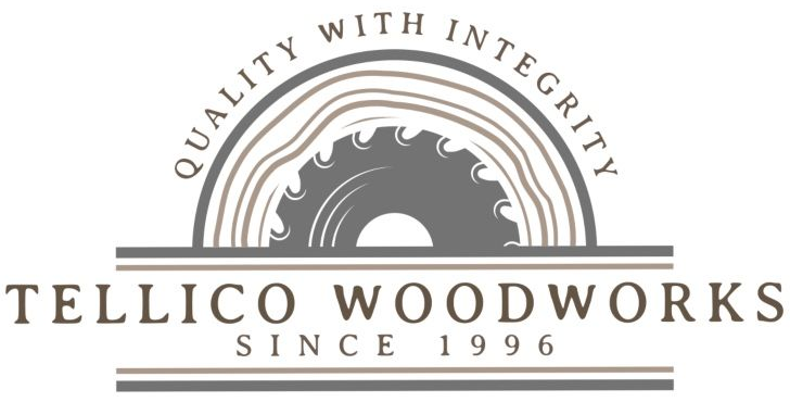 Logo: Tellico Woodworks, featuring saw blade within wood grain, arched 