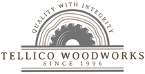 Logo: Tellico Woodworks, featuring saw blade within wood grain, arched 