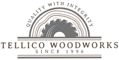 Logo: Tellico Woodworks, featuring saw blade within wood grain, arched 