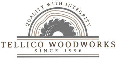Logo: Tellico Woodworks, featuring saw blade within wood grain, arched 