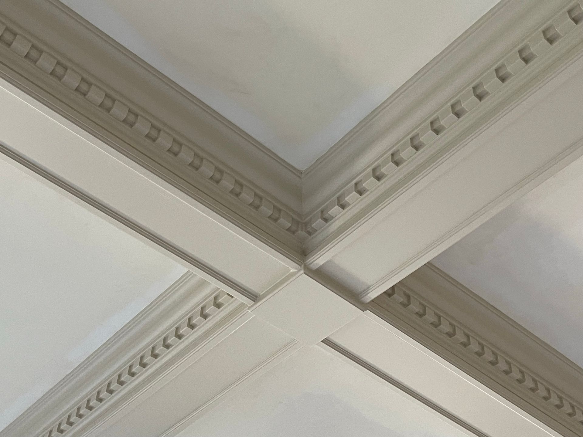 White ceiling with decorative molding in a grid pattern.