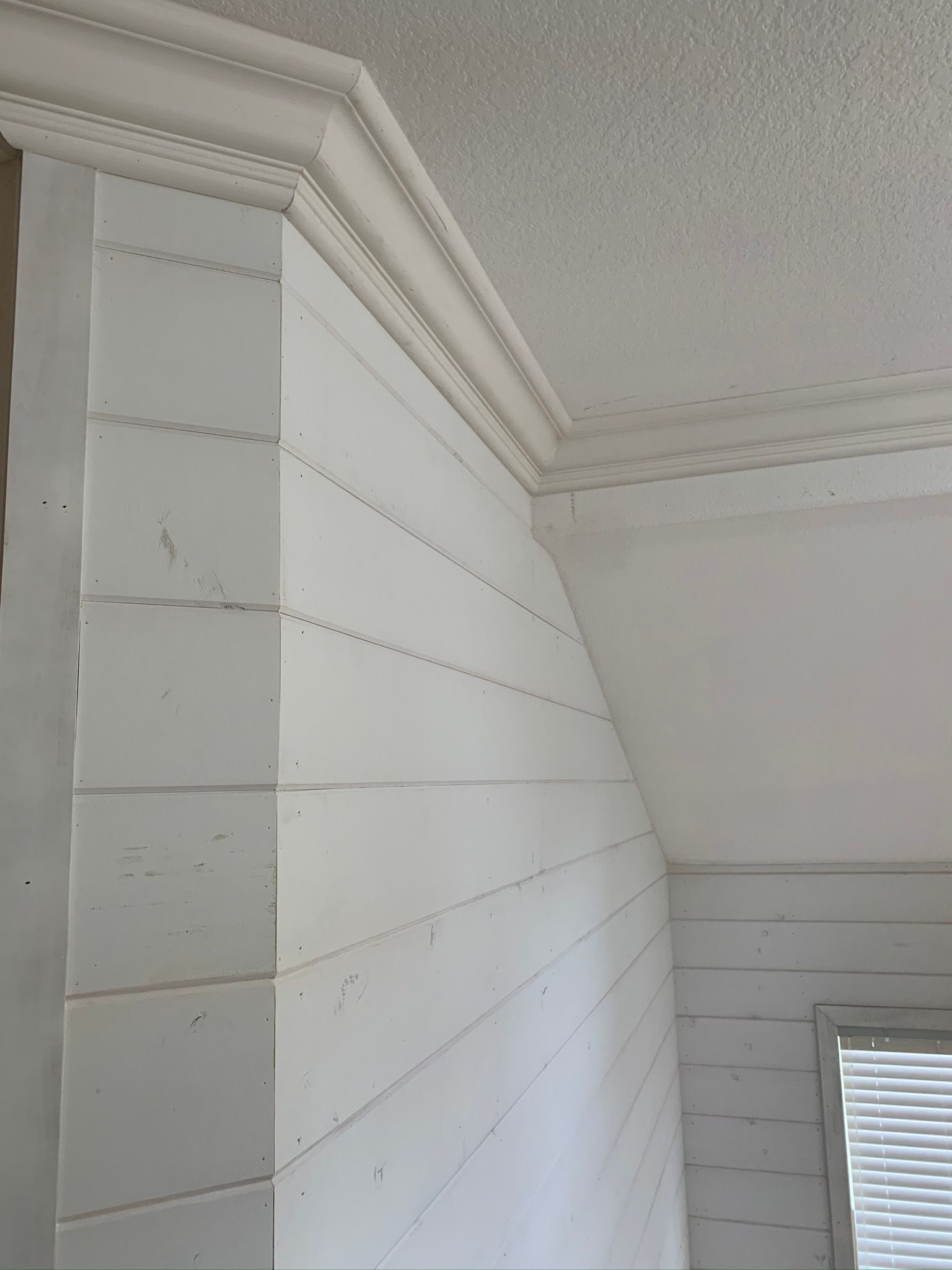 White shiplap wall with crown molding; angled wall meets ceiling with same molding.