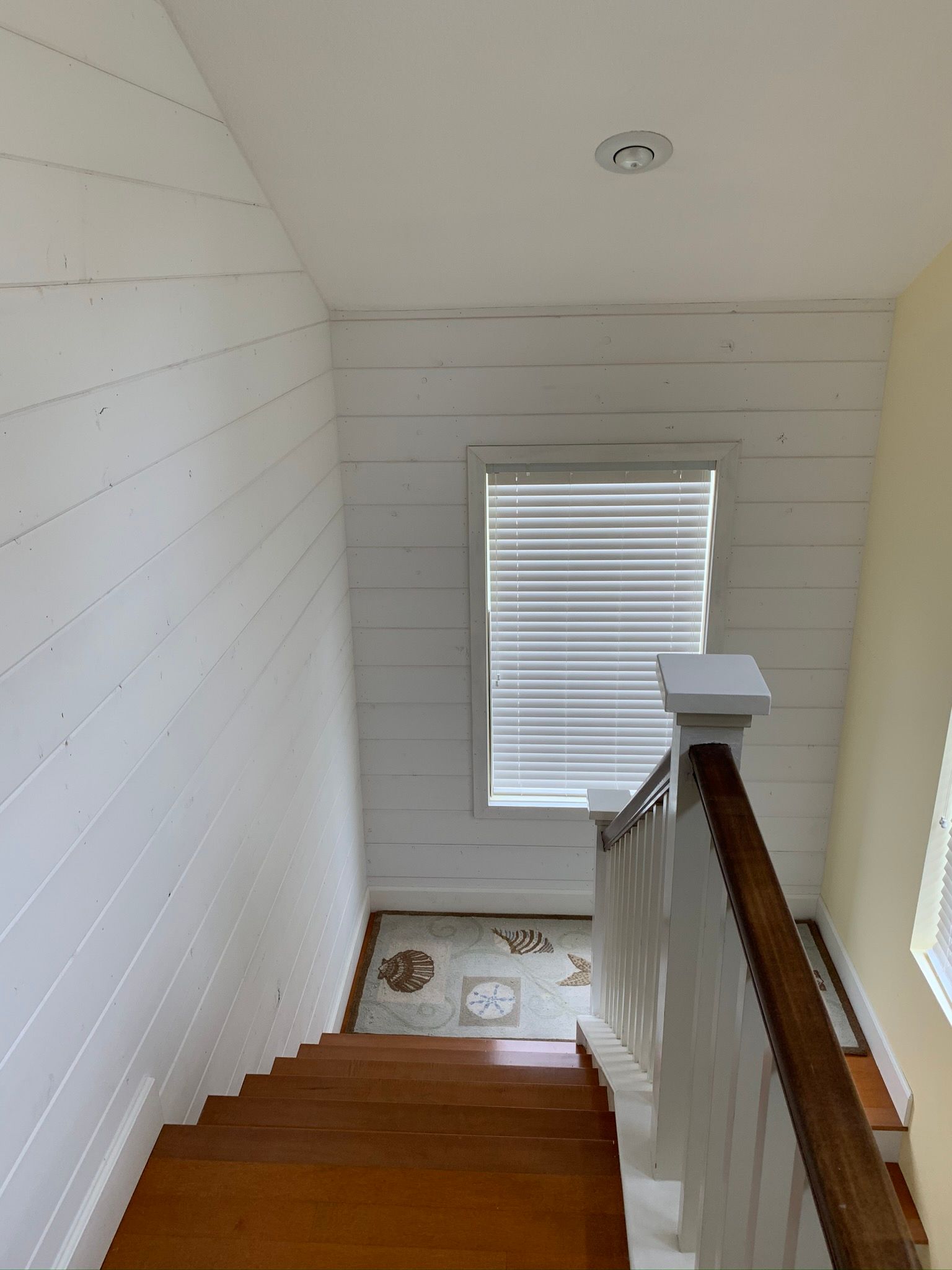 Staircase with wood steps and white railing. Shiplap walls, window with blinds.