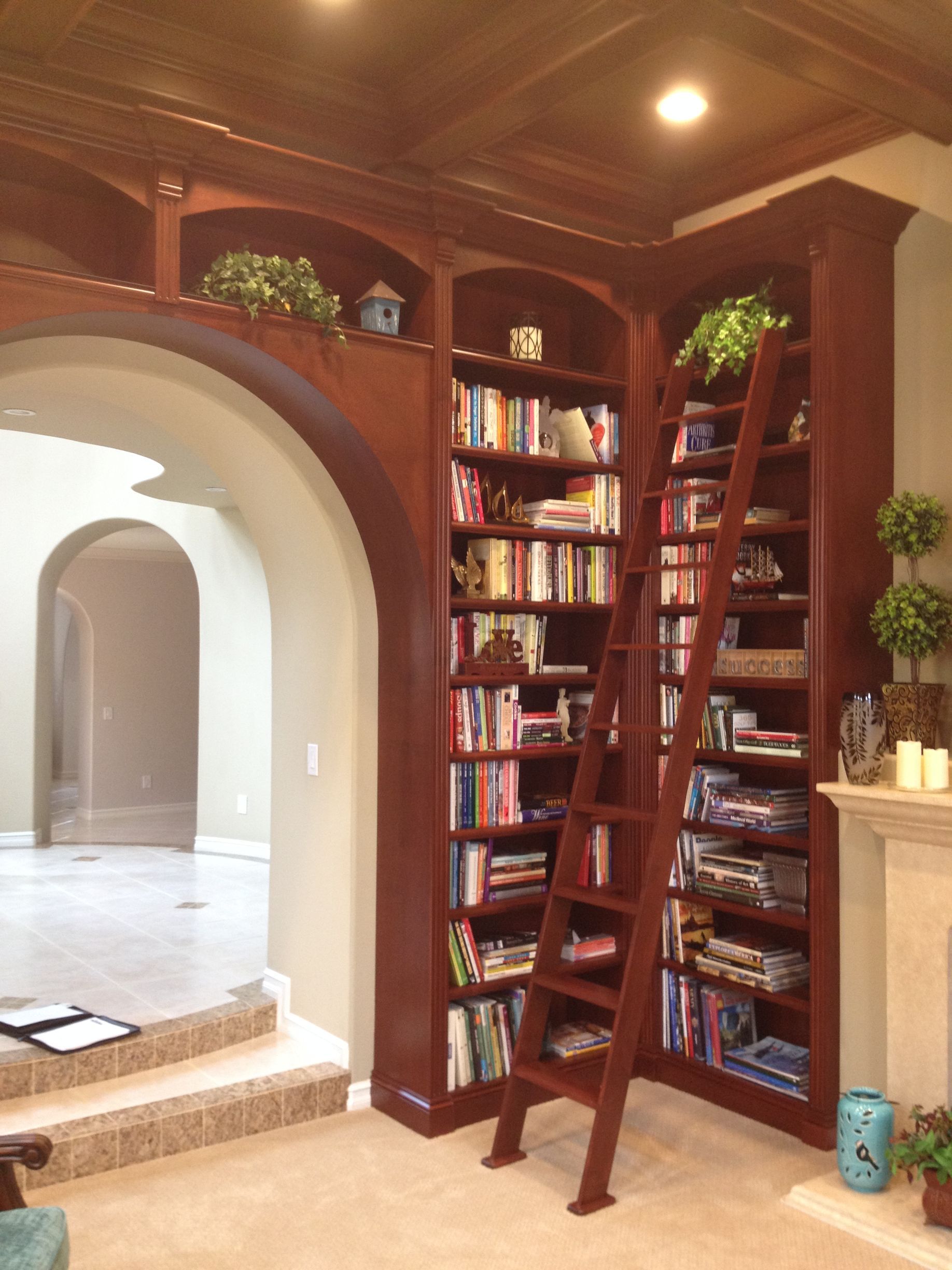 Corner bookcase with ladder and arched entryway in a room with a raised ceiling.