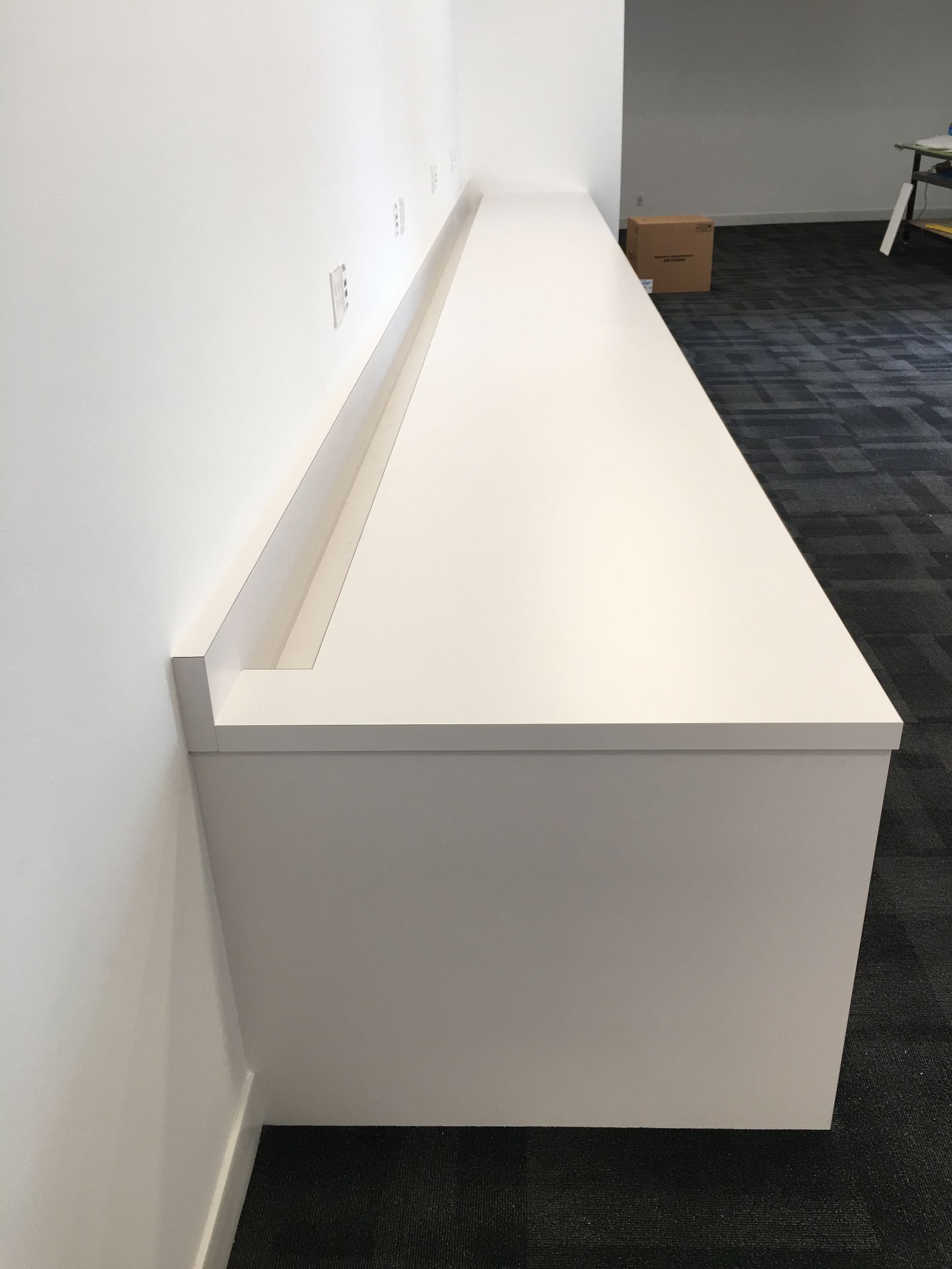 White, wall-mounted counter extending along a wall in a room with carpet.