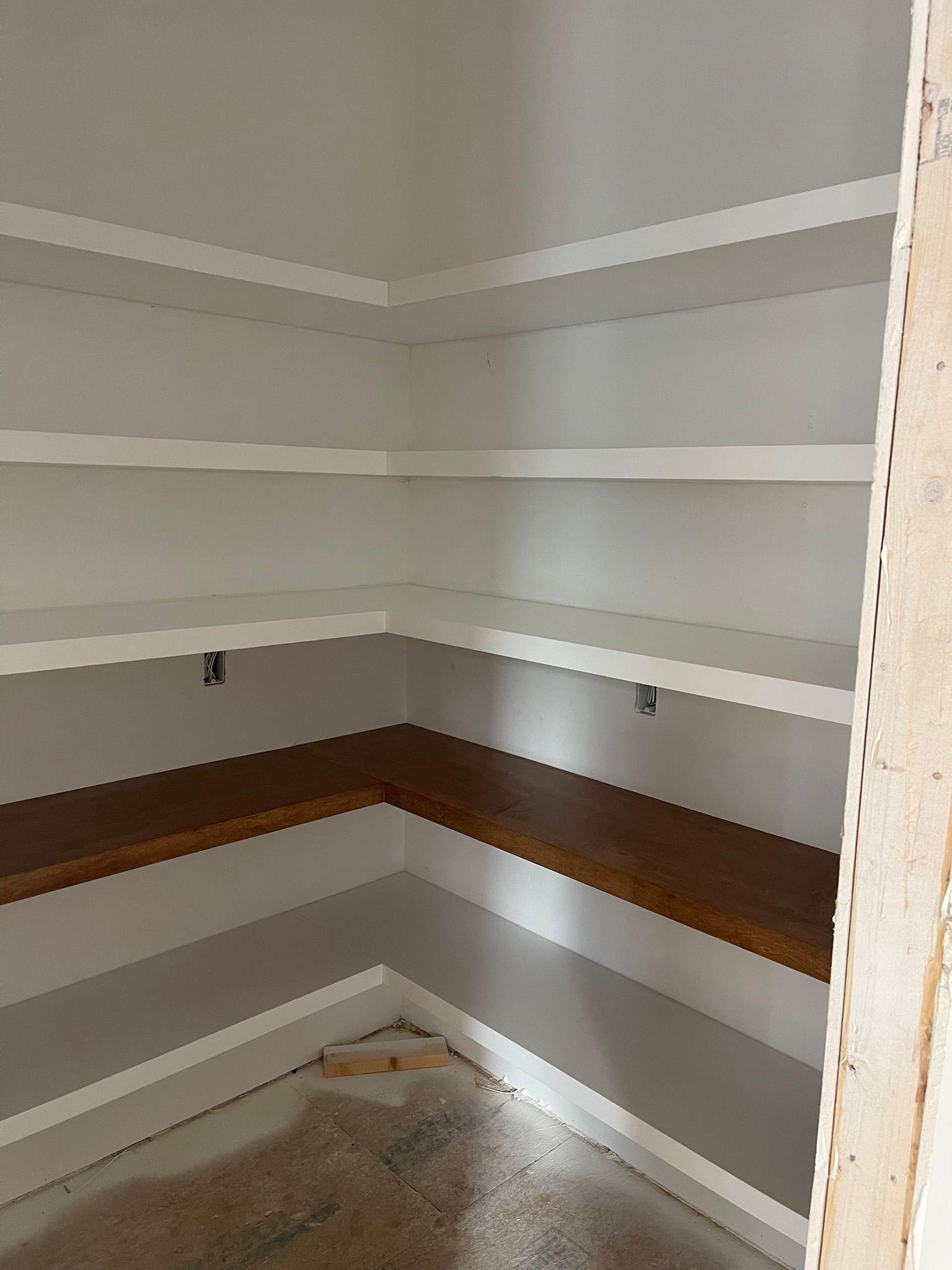 Empty pantry with light gray walls, white shelves, and dark wooden shelves at the bottom.