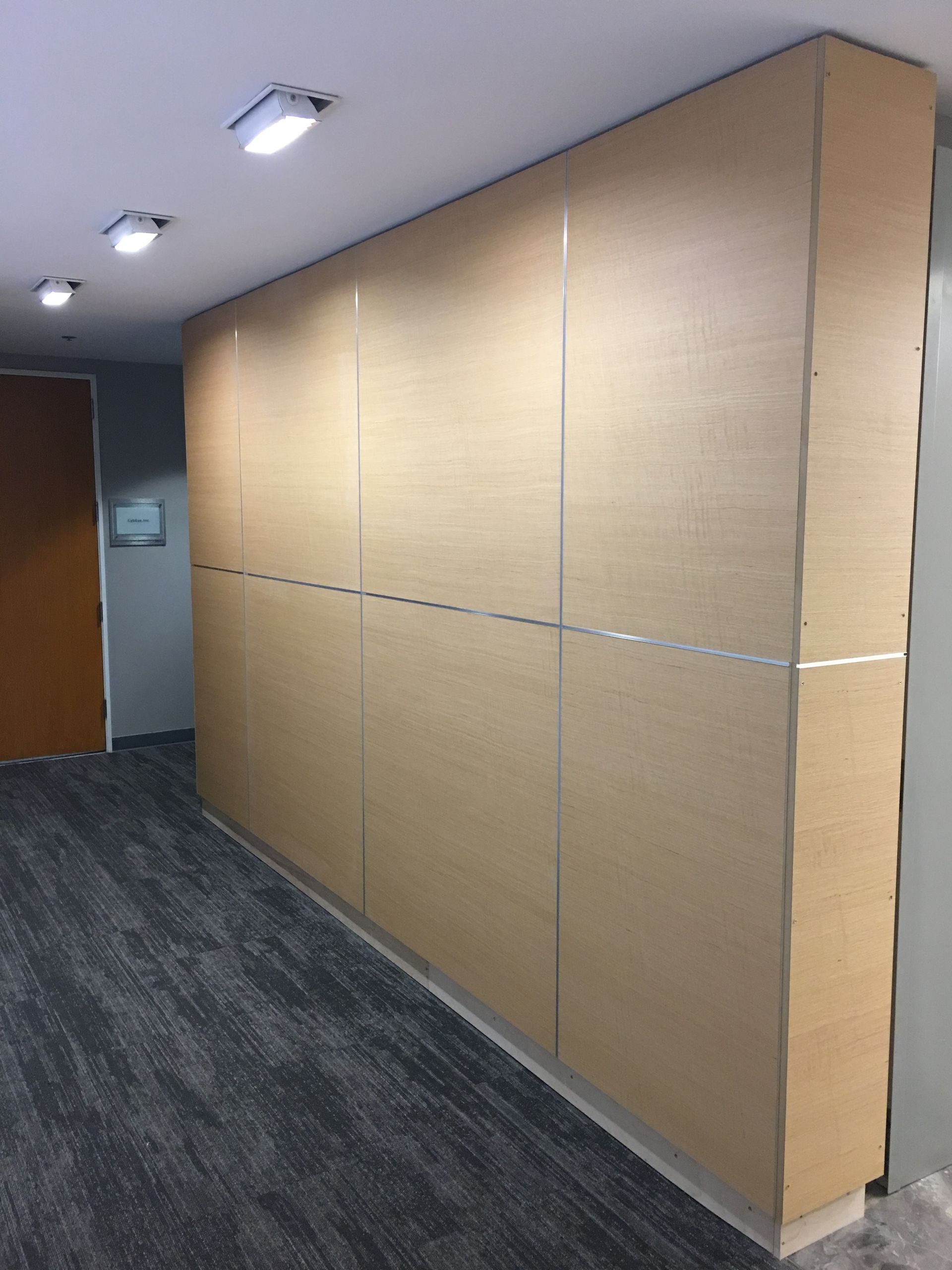 Hallway with a long, light wood-paneled wall. Silver vertical strips separate the panels. Gray carpet and tan door on left.