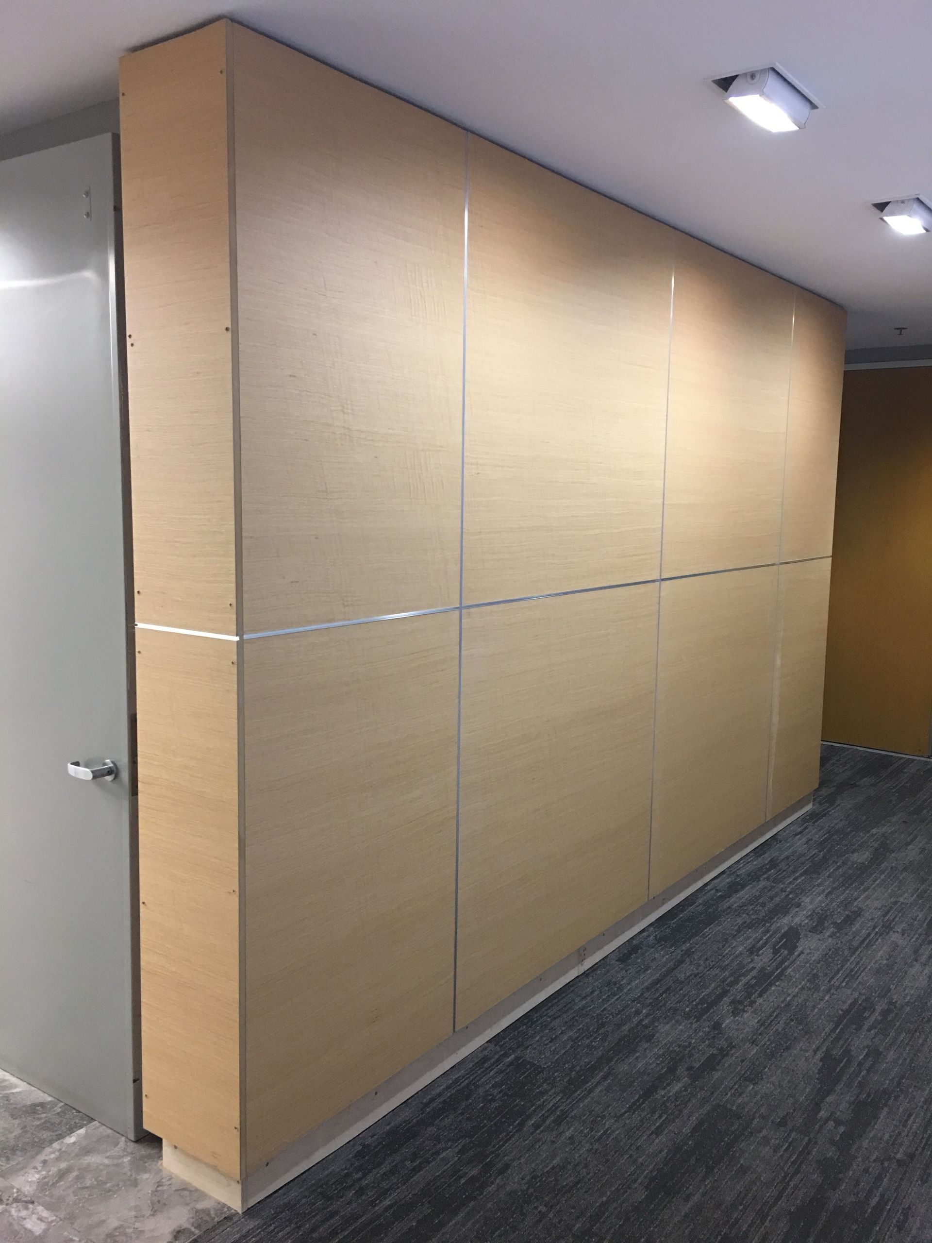 Light wooden paneled wall with a metal-framed door on the left and a gray carpeted floor.