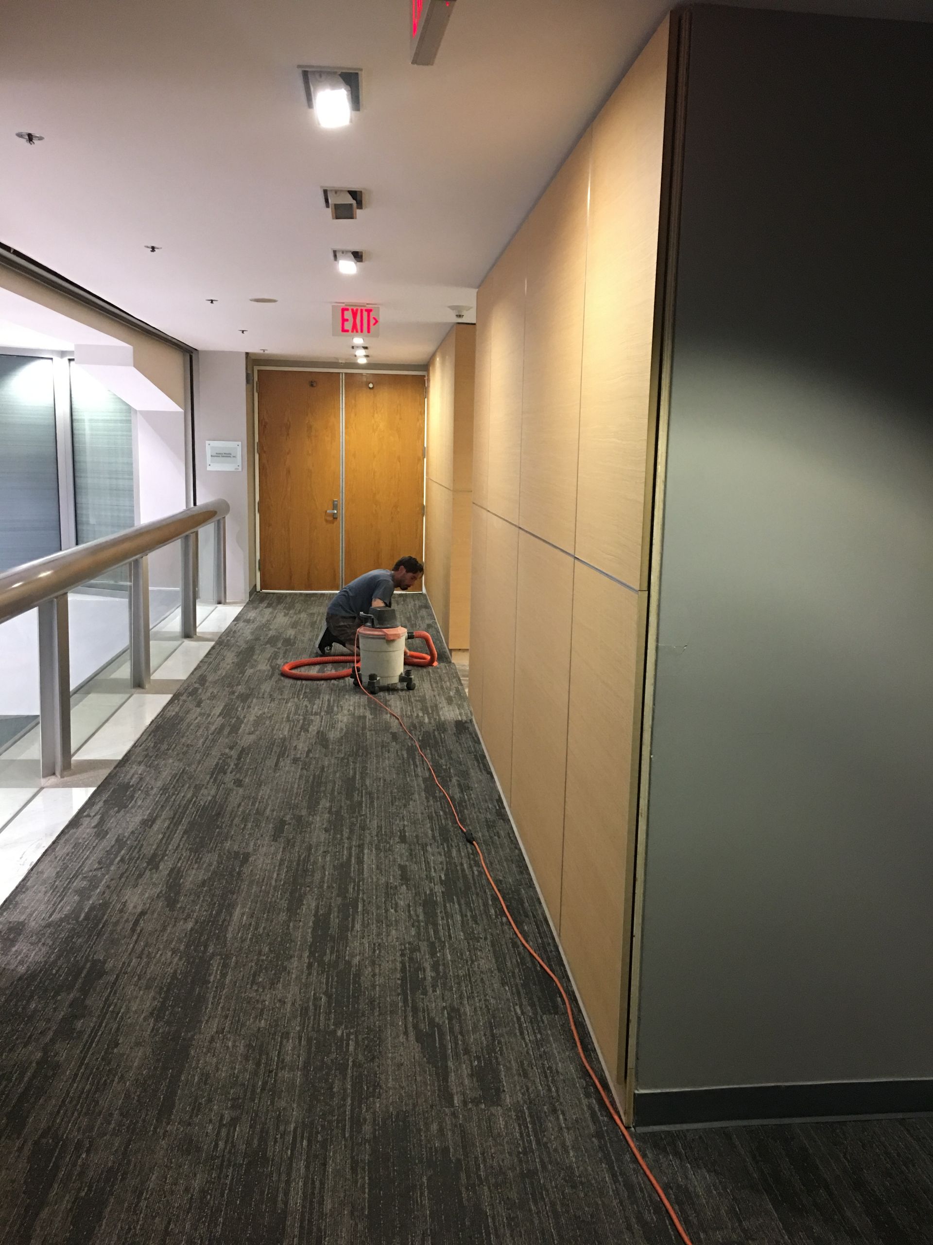 Person working on a wall in a hallway with carpet. A door is visible at the end of the hallway.